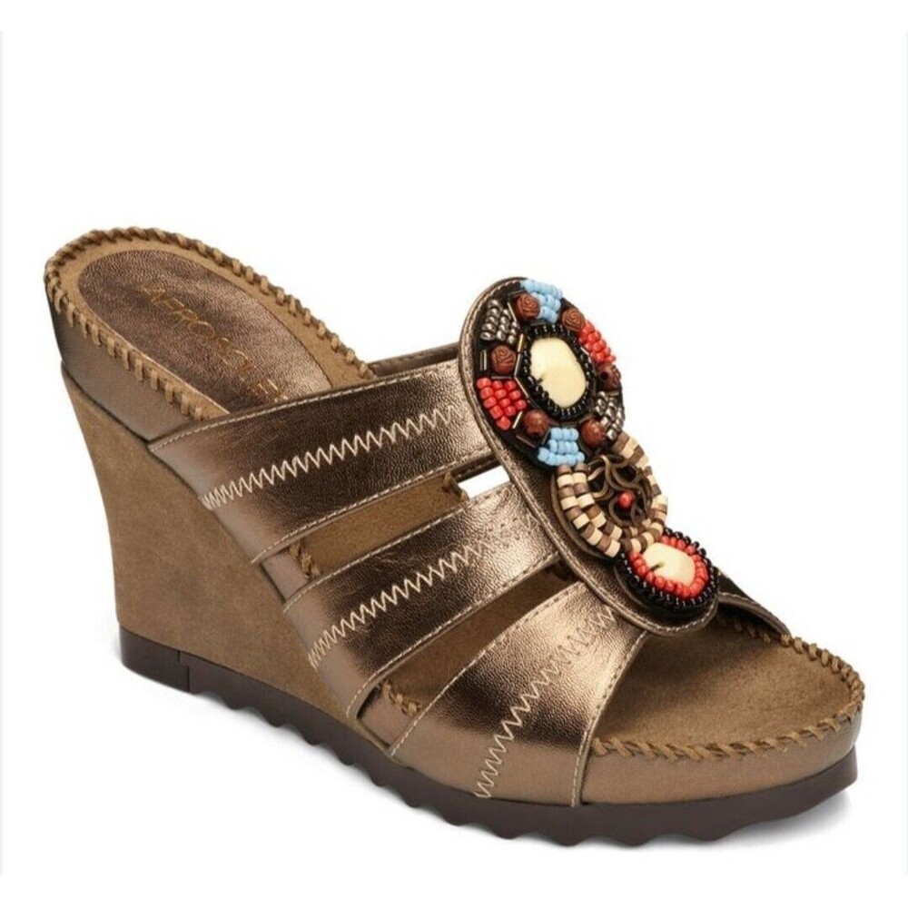 New Aerosoles Cobblestone Beaded Embellished Bronze Wedge Sandals SZ 8.